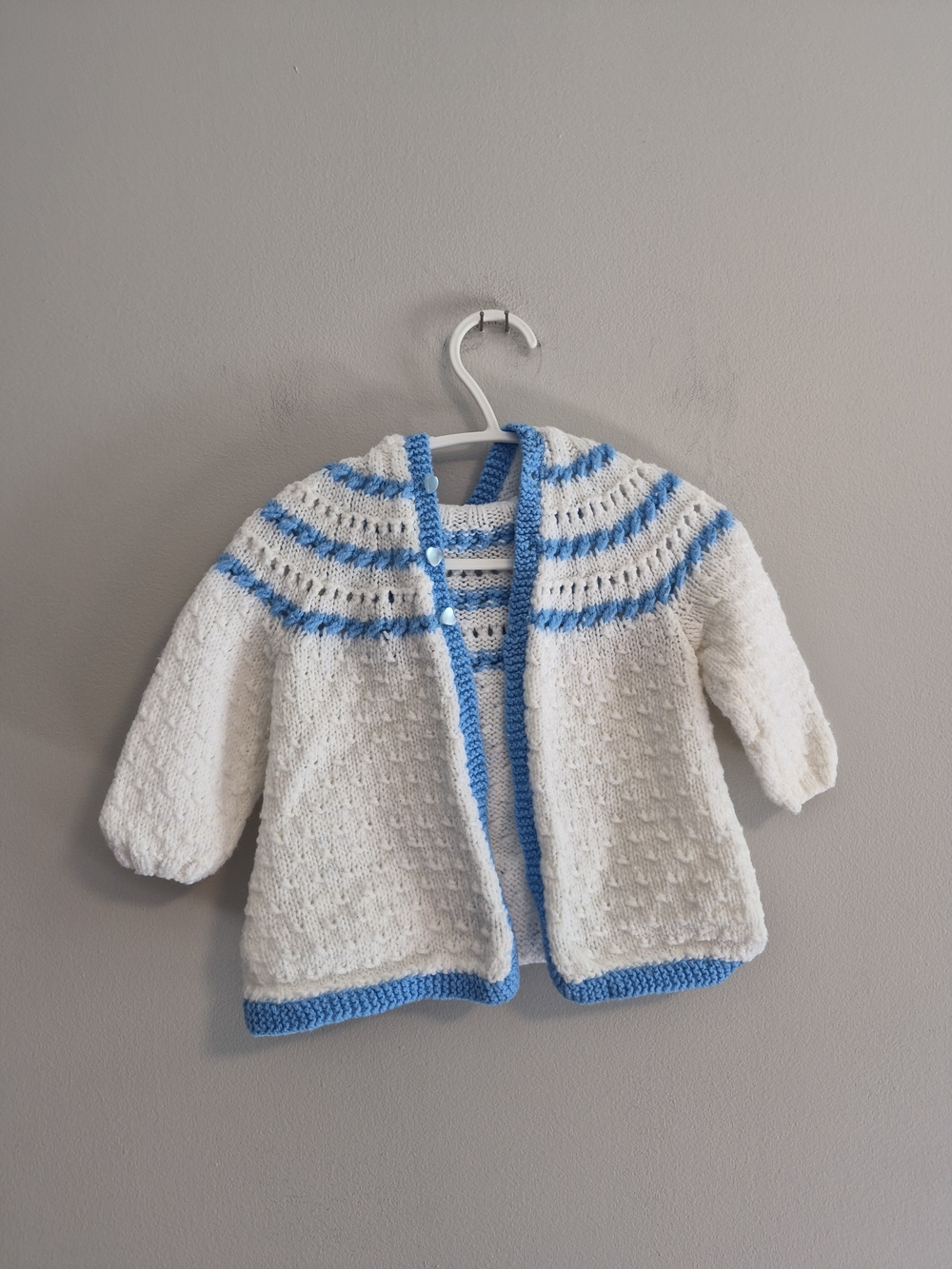 Handmade 12m Blue & White Knit Button Up Hooded Cardigan Sweater